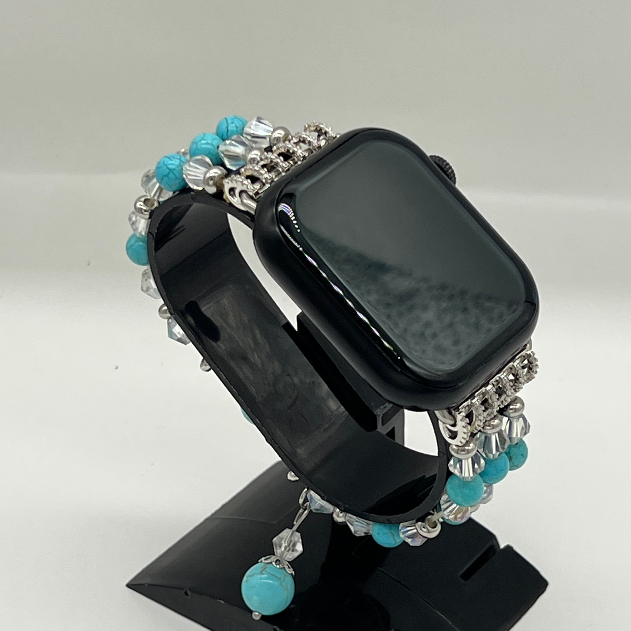Turquoise & Crystal Beaded Apple Watch Bracelet with Charm