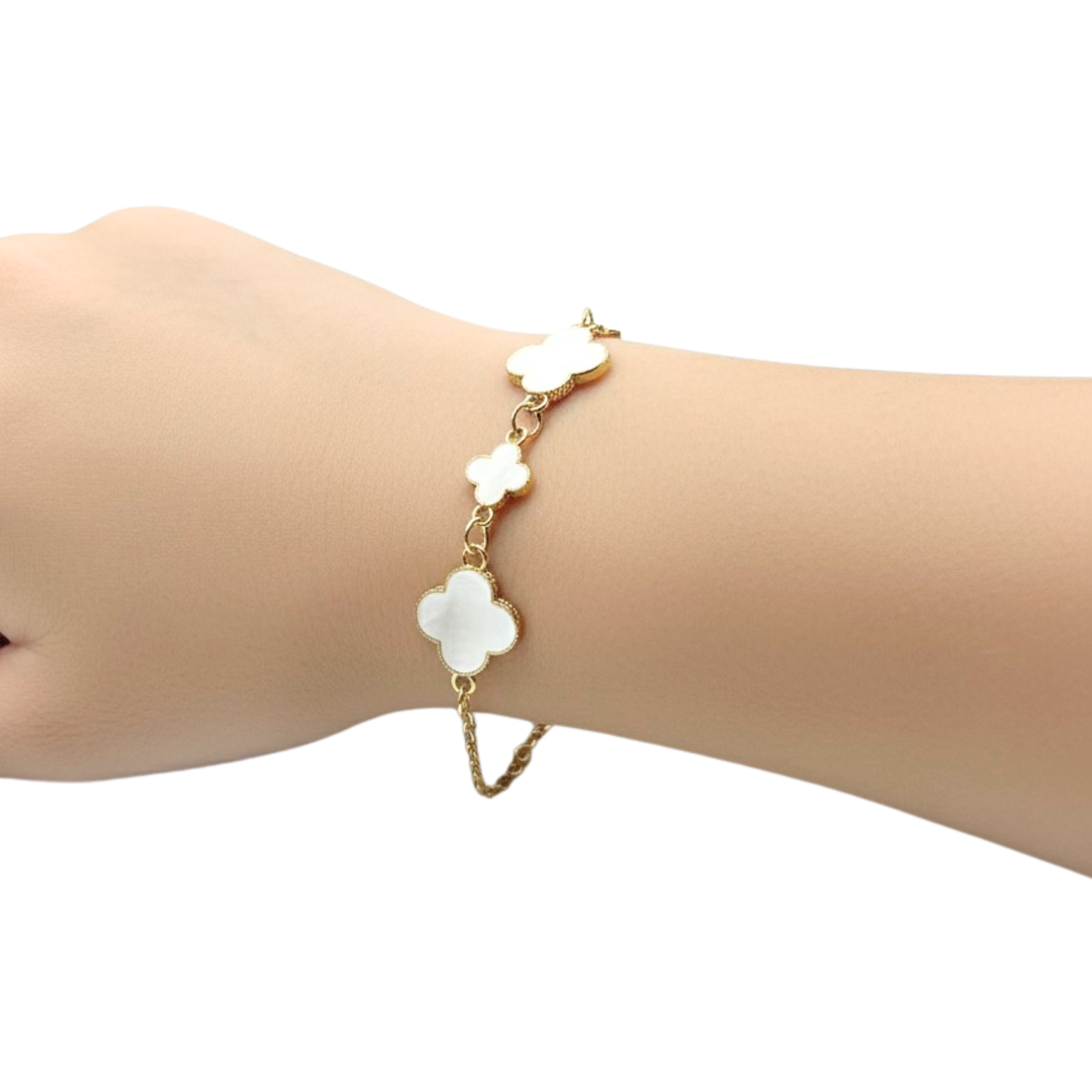 Mother of Pearl Clover Charm Bracelet in Gold Tone